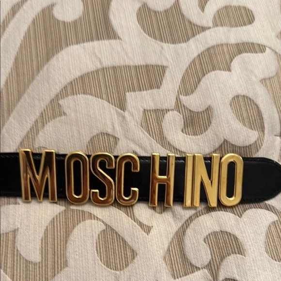 Moschino Black and Gold Statement Belt Moschino 1990s Gold Tone Logo Black Leather Belt – Vintage  main image 2